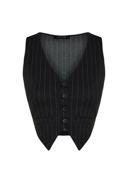 Siyah Regular Dugme Detayl? Cizgili Crop Yelek TWOSS23YE00037