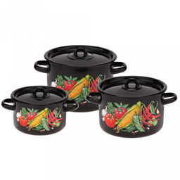 Кукуруза Набор эмалированных кастрюль 3 предмета: 1,5л, д16см, h10см, 2,9л, д20см, h13см, 4,5л, д22см, h14см, цилиндрическая форма, металлическая крышка, черный (Россия)
