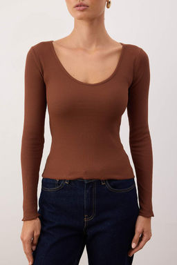 Kahverengi-Gri Melanj 2li Paket V Yaka Fitted/Vucuda Oturan Pamuklu Esnek Orme Bluz TWOAW24BZ00068