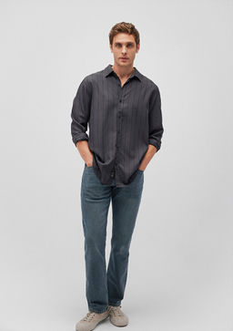 Cizgili Gri Tencel TM Lyocell Gomlek