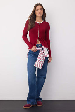 Wardrobe Essentials  Bordo Renk Bloklu Dugmeli Orme Bluz | TWOAW26BZ00004