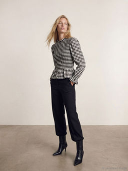 Dik Yaka Ekose Balon Kollu Gipeli Bluz