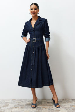 Trendyolmilla Mavi Kemerli Ceket Yaka Maxi Denim Elbise TWOSS24EL00776