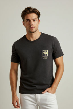 TRENDYOL MAN Antrasit Melanj Slim/Dar Kesim Bask?l? Pamuklu Kal?n T-Shirt T-Shirt TMNSS25TS00184