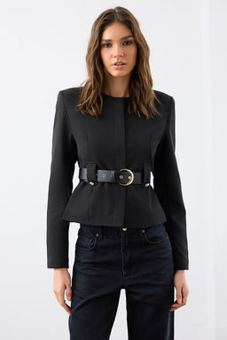 Siyah Kemerli Fitted/Vucuda Oturan S?k Dokuma Blazer Ceket TWOAW26BC00003