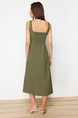 Haki Belden Ac?lan Midi Korse Dikis Detayl? Midi Dokuma Elbise TWOSS24EL00038