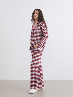 G?mlek Yaka Ekose Kad?n Pijama Tak?m?