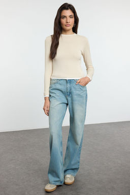 Tas Renk Bloklu Fitted/Vucuda Oturan Viskon/Yumusak Kumasl? Esnek Orme Bluz TWOAW25BZ00114