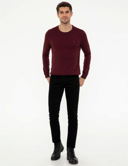 Bordo Slim Fit Bisiklet Yaka Basic Triko Kazak