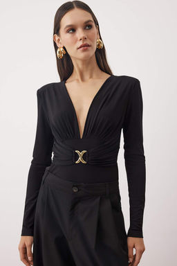 Siyah Duz V Yaka Uzun Orme Sandy Body TPRAW26BD00021 - Trendyolmilla фото 2