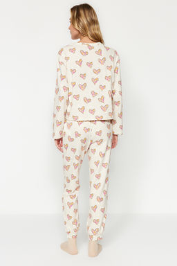 Krem %100 Pamuklu Kalpli Tshirt-Jogger Orme Pijama Tak?m? THMAW24PT00116