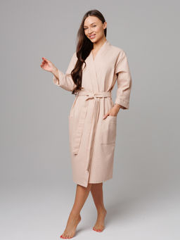 Женский укороченный вафельный халат с планкой бежевый В-11 (31)