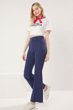 Lacivert Nervur Detayl? Yuksek Bel Flare/Ispanyol Paca Pantolon TWOAW25PL00071