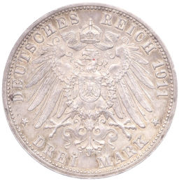 3 марки 1911 года F Германия (Вюртемберг) 25 лет свадьбе Вильгельма II и Шарлотты