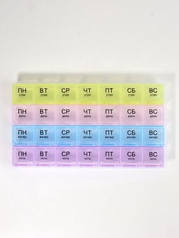 Цена за 3 шт. Таблетница - органайзер «Неделька», русские буквы, утро/день/вечер/ночь, 28 секций, 21.5×11×1.8 см, разноцветная