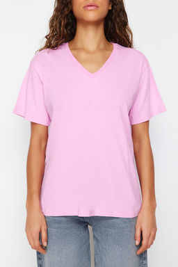 TRENDYOLMILLA Ekru %100 Pamuk Oversize/Genis Kal?p V Yaka Orme T-Shirt TWOSS23TS00003 фото 5