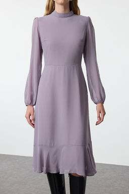 TRENDYOLMILLA Camel Dik Yakal? Etegi Volanl? Sifon Dokuma K?sl?k Elbise TWOAW20EL1313 фото 4