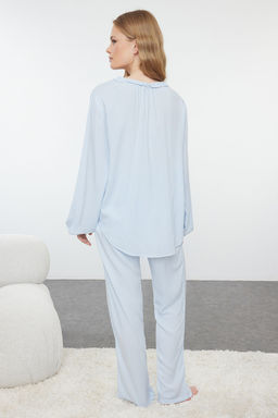 Ac?k Mavi Cizgili F?rf?r ve Kurdele/Fiyonk Detayl? Dokuma Pijama Tak?m? THMAW25PT00094 - Trendyolmilla фото 5