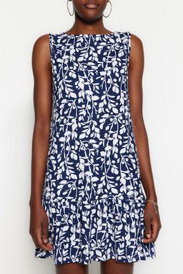 Indigo Cicek Bask?l? S?f?r Kol Volanl? Shift/Duz Mini Esnek Orme Elbise TWOSS22EL0794