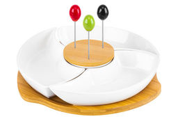 Менажница 25*25*6 см "Айсберг" крутящ. 3 секции + 3 шпажки на дерев. подст. + секц. д/хр. шпажек