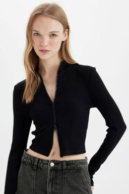 Fitted Dik Yaka Basic Duz Fermuarl? Fitilli Kaskorse Crop Siyah H?rka