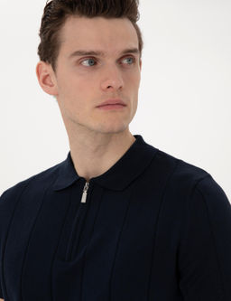 Lacivert Slim Fit Fermuarl_ Polo Yaka Triko Kazak