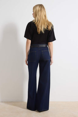 Koyu Mavi DOKUMLU Kemerli %100 Pamuk Yuksek Bel Wide Leg Jeans TWOSS26JE00076 - Trendyolmilla фото 6
