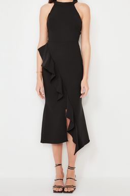 TRENDYOLMILLA Siyah Astarl? Volanl? Dokuma S?k Abiye Elbise TPRAW19BB0144 фото 11