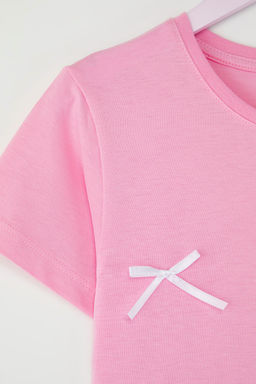 Pembe K?z Cocuk %100 Pamuk Kurdele Detayl? K?sa Kol Orme T-Shirt TKDSS25TS00105 - Trendyolmilla фото 3