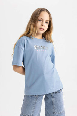 Футболка с короткими рукавами и принтом для девочек Relax Fit - Defacto фото 3