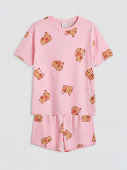 Bask?l? K?z ?ocuk ?ortlu Pijama Tak?m?