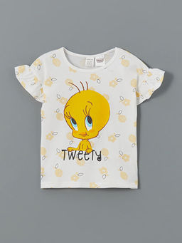 Bisiklet Yaka Tweety Bask?l? K?z Bebek Ti??rt