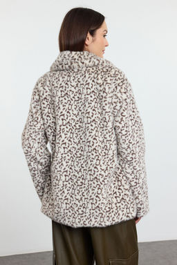 Cok Renkli Kahverengi Leopar Desenli Oversize Kal?p Uzun Kurk Mont TWOAW25MO00190