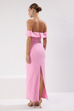 TRENDYOLMILLA K?rm?z? Carmen Yaka Fiyonklu Dokuma Uzun S?k Abiye & Mezuniyet Elbise TPRSS25AE00086  фото 4