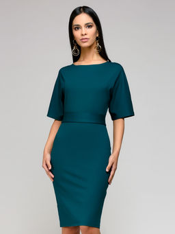 Платье изумрудное длины мини с поясом и рукавом летучая мышь