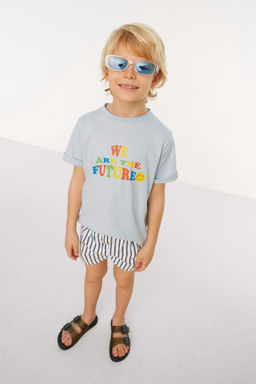 Mavi Erkek Cocuk Slogan Desenli Bisiklet Yaka Orme T-Shirt TKDSS24TS00044