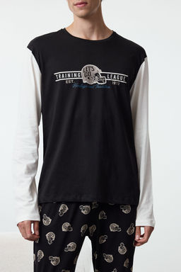 Trendyolmilla Man Erkek Siyah Bask?l? Regular Fit Orme %100 Pamuk Pijama Tak?m? TMNAW25PT00000  фото 3