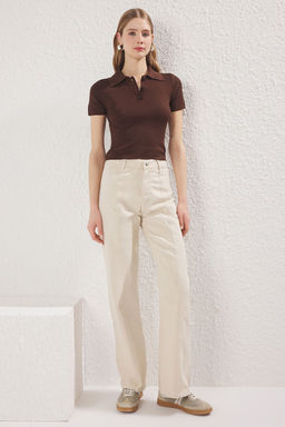 TRENDYOLMILLA Kahverengi Dikis Detayl? Yuksek Bel Wide Leg Jeans TWOSS25JE00034  фото 6