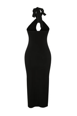 TRENDYOLMILLA Siyah Drape Detayl? Boyundan Baglamal? Vucuda Oturan Midi Esnek Orme Kalem Elbise TWOSS23EL02370