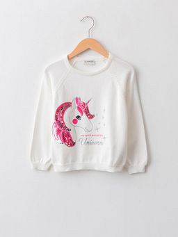 Bisiklet Yaka Bask?l? Pul ??lemeli Uzun Kollu K?z ?ocuk Triko Kazak