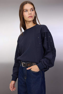 Lacivert Kusgozu Aksesuar Detayl? Bisiklet Yaka Oversize/Genis Kesim Orme Sweatshirt TWOAW26SW00038 - Trendyolmilla фото 5