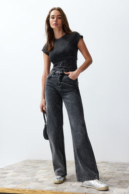 Antrasit Duz Y?kamal? Slim Bisiklet Yaka Crop Orme Bluz TWOSS24BZ00405