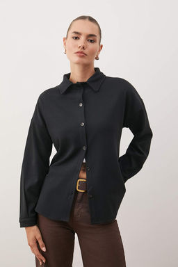 Siyah Selanik Polo Yaka Dugmeli Oversize Gomlek TWOAW26GO00117