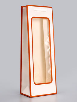 Цена за 12 шт. Пакет подарочный под бутылку с PVC окном, 12.5×8.5×36 см, белый с красной каймой