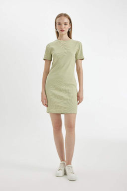 Мини-платье Bodycon с круглым вырезом в рубчик и короткими рукавами