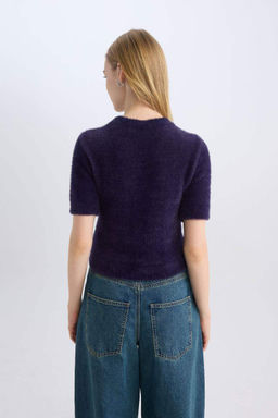 Плюшевый свитер с короткими рукавами и короткими рукавами с круглым вырезом и принтом звезд - Defacto фото 5