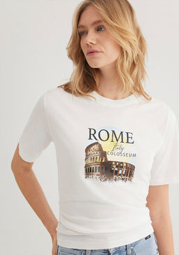 Rome Bask?l? Beyaz Tisort
