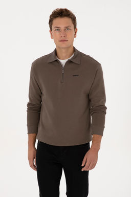 Erkek Regular Fit Yar_m Fermuarl_ Vizon Basic Sweatshirt