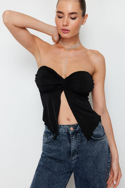 Trendyolmilla Siyah Premium Buzzy Kalp Yaka Buzgulu Esnek Crop Orme Bluz TWOSS24BZ00204 фото 2