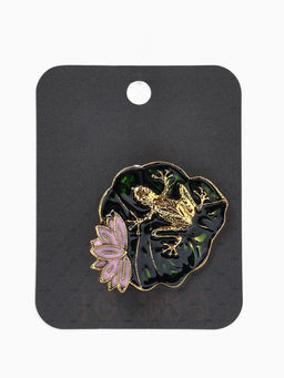 Брошь «Лягушка» на лотосе, цвет зелёно-розовый в черненом золоте